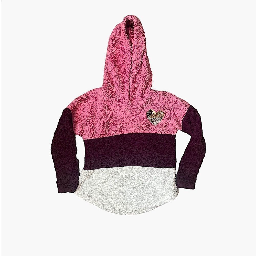 Self Esteem Girls Medium Fluffy Color Block Heart Sequin Teddy Hoodie